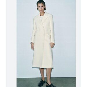 Zara Womens Long Wool Coat Jacket L Ivory Cream Double Breasted 2212/806 NWT